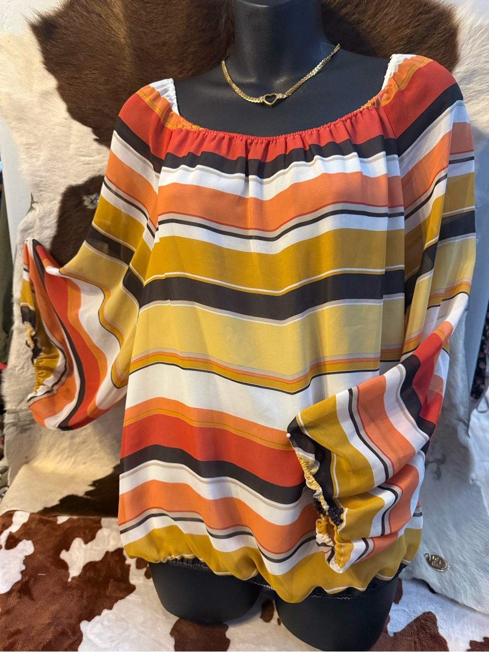 Vince Camuto Orange, Yellow & Black Striped Off-Shoulder Tunic